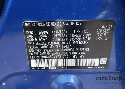 2021 Honda Hr-V Awd Ex z USA, uszkodzony, nr VIN 3CZRU6H52MM721710